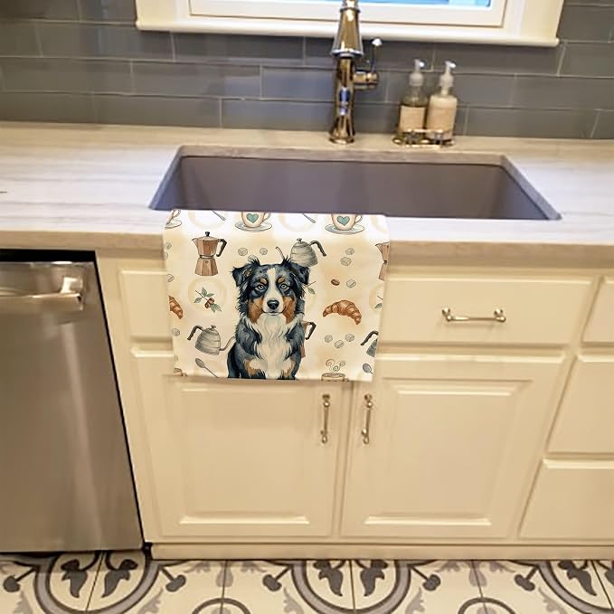 Caroline's Treasures Black Australian Shepherd Coffee Bar Kitchen Towel Velour Plush Front and Cotton Loop Back Machine Washable