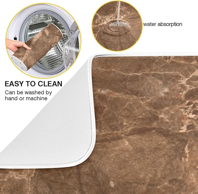 Brown Marble Texture Absorbent Dishes Drainer/Rack Mat for Countertop Small Size 16 x 18, Microfiber Dish Drying Pads Kitchen Counter Draining Pad