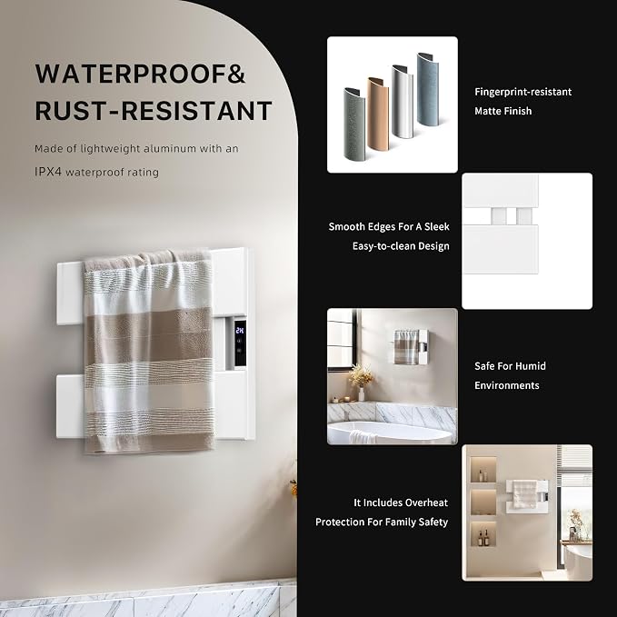 Electric Towel Warmer with Smart LED Timer, Modern [2/3/4] Bar Large Panel Heated Towel Rack, Wall-Mounted Plug-in/Hardwired 2-in-1, Rapid Warmth for Bathrooms, [Matte Black/Alpine White]