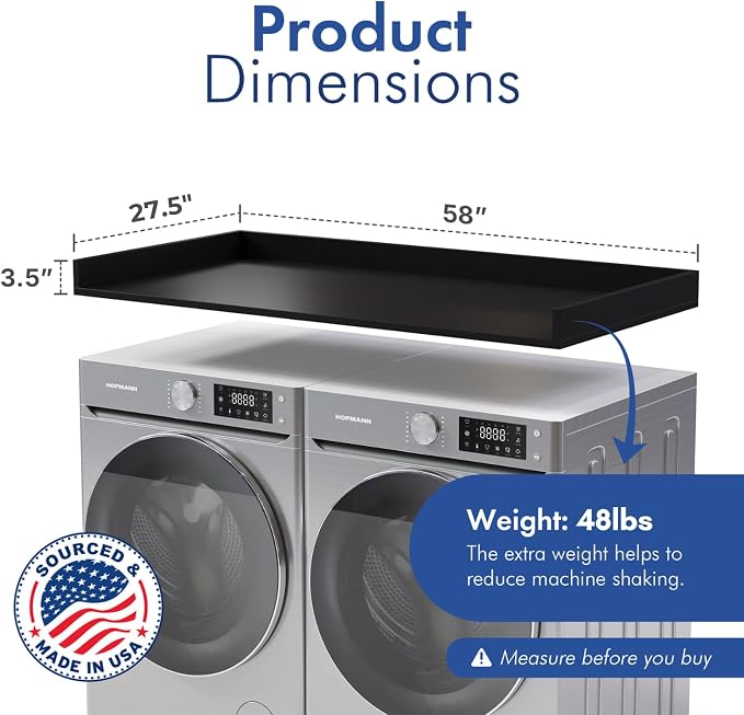 OfficeSimpli Washer Dryer Countertop, Made in USA, Non-Slip Pads, Laundry Room Wood Topper, Washer Dryer Cover for Top, Laundry Countertop, Laminate Finish (Black, Large (27.5" x 58"))