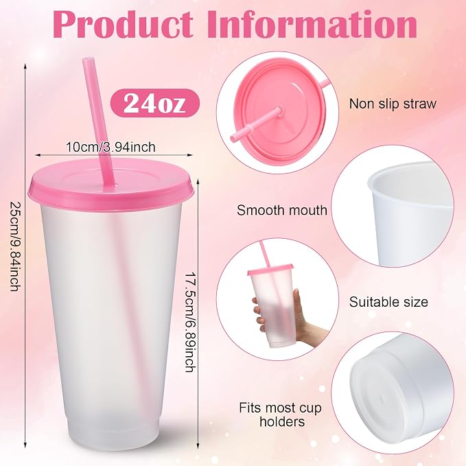Honeydak 60 Pack Tumbler with Straw and Lid Bulk Cups for Gifts Water Bottle Iced Coffee Travel Mug Cup Reusable Plastic Tumblers for Party Birthdays 24-27 oz (Clear and Pink Color)
