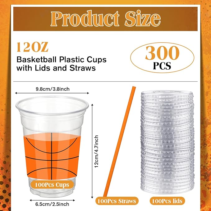 Yaomiao 300 Pcs 12 oz Basketball Plastic Cups with Lids and Straw Plastic Disposable Clear Cups Happy Basketball Theme Party Drinking Set for Party Supply