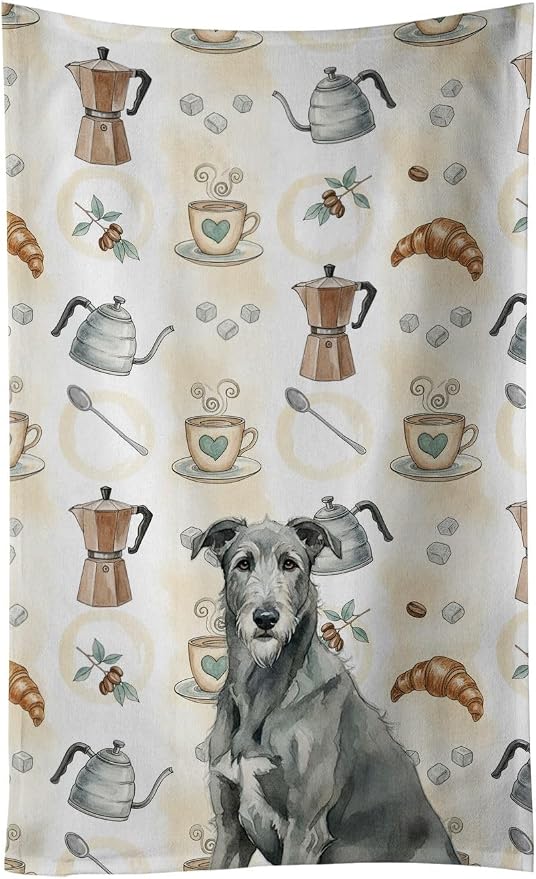 Caroline's Treasures Gray Irish Wolfhound Coffee Bar Kitchen Towel Velour Plush Front and Cotton Loop Back Machine Washable