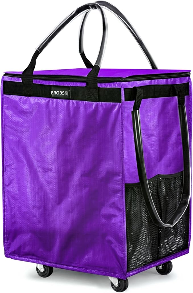 (Medium,Violet) Reusable Grocery Bag on Wheels, 70L Foldable Rolling Tote, Extra Storage for Shopping, Zipper Clouser Shopping Carts for Groceries, Laundry, Camping, Moving, 4 Heavy Duty Wheels