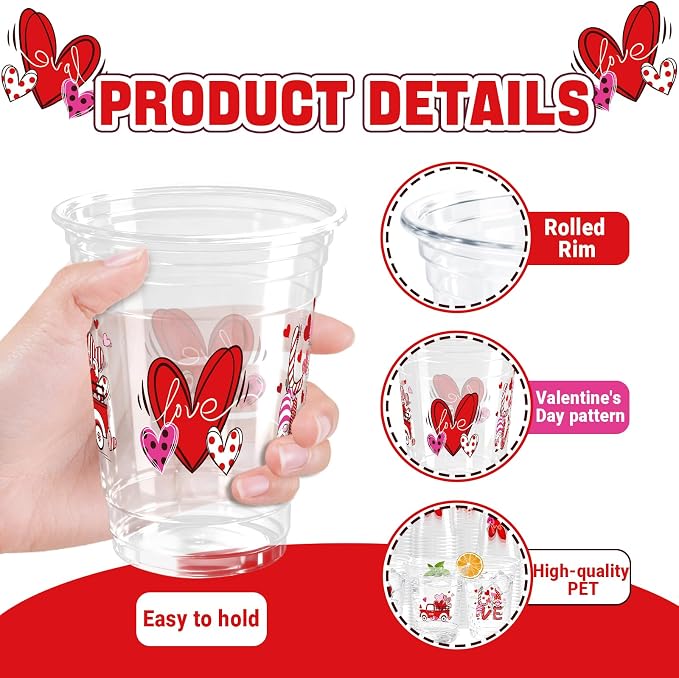 100PCS Valentine's Day Plastic Cups, 16 Oz Disposable Love-Themed Party Cups with Heart, Truck & Gnome Designs, Clear Plastic Cups for Anniversary, Romantic Parties
