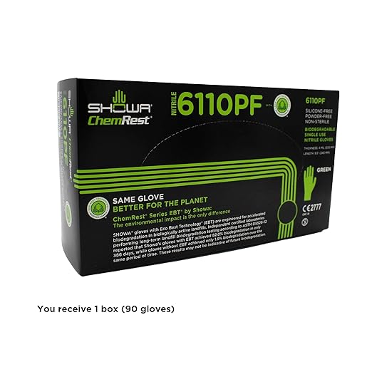 SHOWA 6110PF Sustainable EBT Latex-Free, Powder-Free, Nitrile Disposable Single Use Safety Gloves, 4 Mil, 9.5" Length, XX-Large (1 Box/90 Gloves)