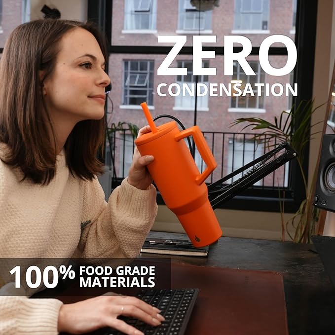 Elemental 40 oz Tumbler with Handle and Straw - Spill Proof Insulated Stainless Steel Commuter for Cold Beverages - Travel Coffee Mug with 2 Straws & Spill Proof Lid - 40oz - Orange