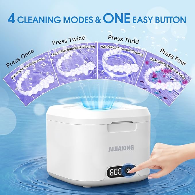 Ultrasonic Retainer Cleaner Machine with UV Light, 49kHz Dental Pod Cleaner with Digital Timer, 340ML Stainless Steel Tank for Retainer, Aligners, Dentures, Mouth Guards, Night Guards & Jewelry, White