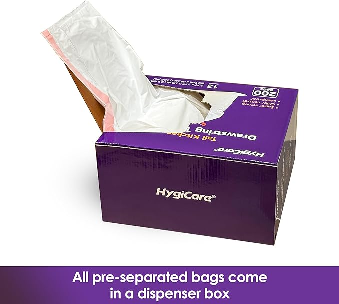 HygiCare 13 Gallon Tall Kitchen Trash Bags, Lavender Scented 200 Count Drawstring Garbage Bags, Pre-Separated, Odor Control, Ultra Strong, Leakproof, Sturdy, White