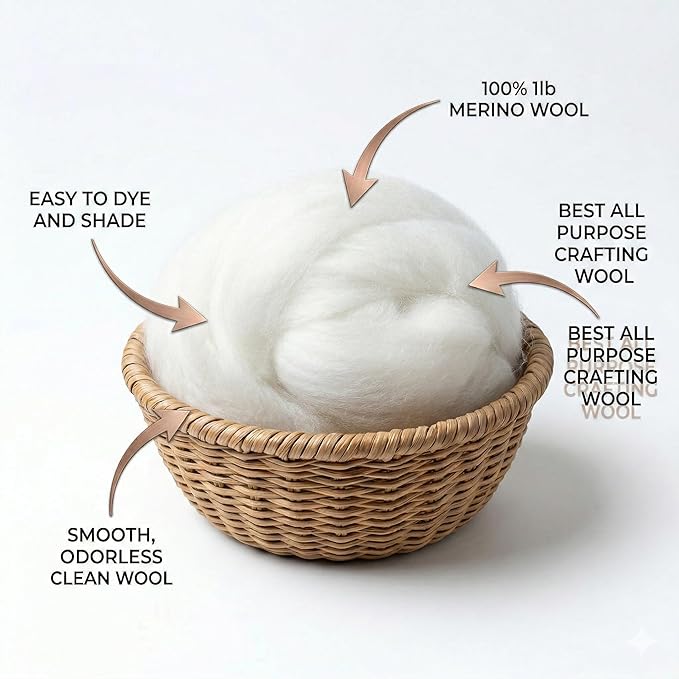 1 lb Merino Wool Roving Bulk 25 Micron, for Needle & Wet Felting, Hand Spinning Soft Chunky Jumbo|100% Natural Undyed (Off-White) Wool Yarn, Core, Combed Stuffing Clean carded