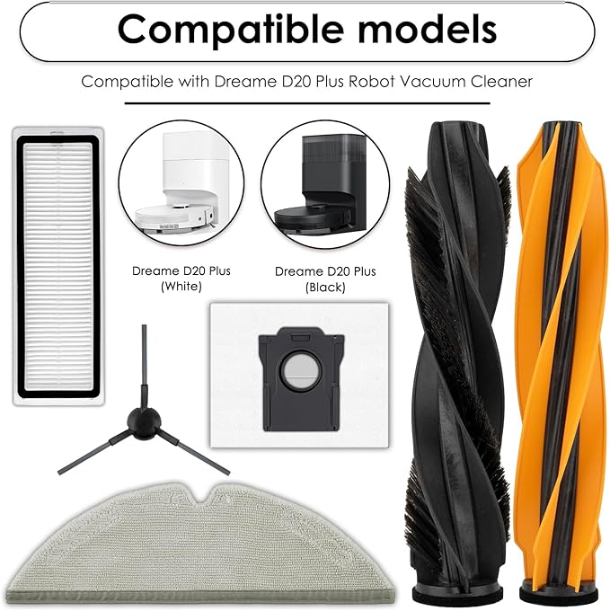 (18 Pack) D20 Pro Plus Replacement Parts Compatible with Dreame D20 Pro Plus Robot Vacuum Cleaner, 2 Roller Brushes, 5 Mop Pads, 3 HEPA Filters, 4 Dust Bags, 4 Side Brushes, Accessories Kit