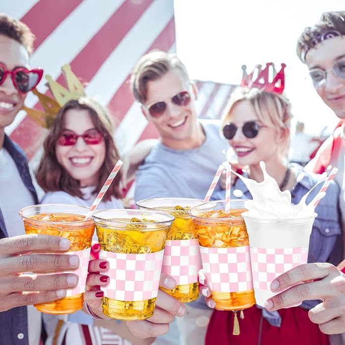SiliFine 50 Pcs 12 oz Pink Checkered Plastic Cups Clear Disposable Gingham Plaid Party Cups for Racing Theme Birthday Wedding Baby Shower Party Decorations