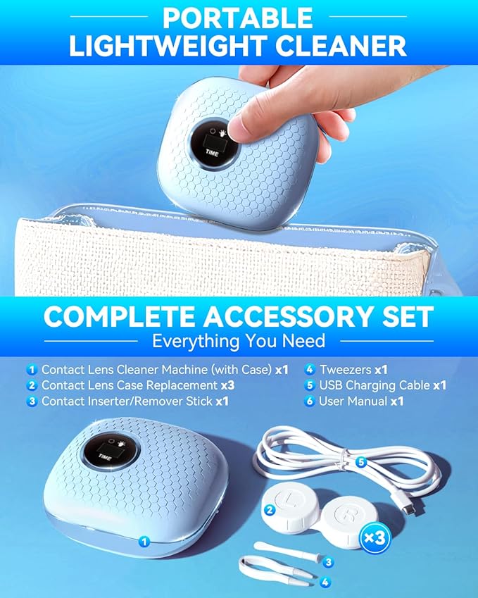 2025 Upgraded Ultrasonic Contact Lens Cleaner【50KHz Germany Super Motor】【Top1 Intelligent Chip-Smart Modes】【Rechargeable】 Gentle Cleaning & 99% Brightness, Portable Soft Contact Lens Tools (Blue)