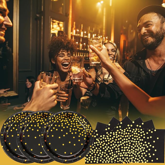 150 PCS Black and Gold Paper Plates Napkins Forks Party Supplies Serves 50, Golden Dot Disposable Paper Dinnerware 9" Plates for Birthday, New Years Eve, Graduation, Retirement Party
