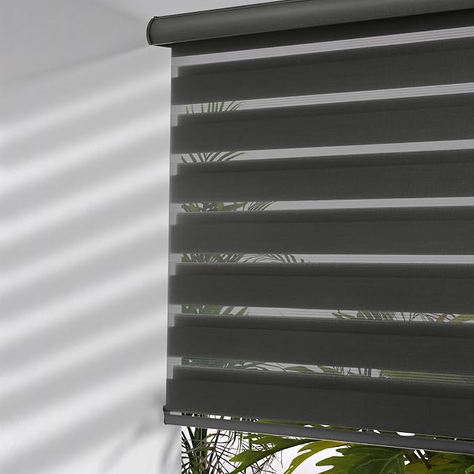 MYshade Cordless Zebra Blinds with Free-Stop Function - Dual Layer Light Filtering & Privacy Sheer Shades for Day and Night - Easy Install Window Shades for Home, Living Room, 33.5" W*72" H,Black