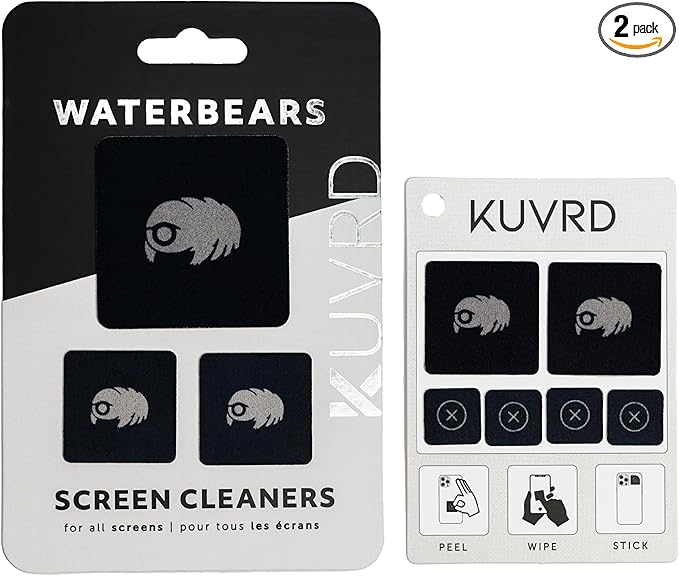 KUVRD Waterbear - Universal Screen Cleaners - Teeny Tiny Cleaning Tools for Your Lenses & Screens - 2-Pack - (1 Patch Set, 1 Pad Set)