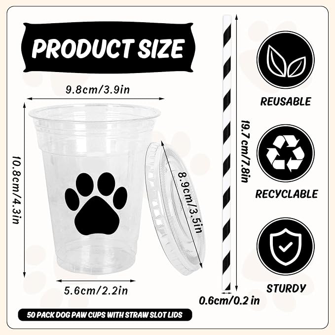Whaline 50Pcs Paw Print Disposable Plastic Cups with Lids and Straws 12oz Dog Party Cups Black Cold Beverage Drinking Cups for Puppy Birthday Baby Shower Party Supplies
