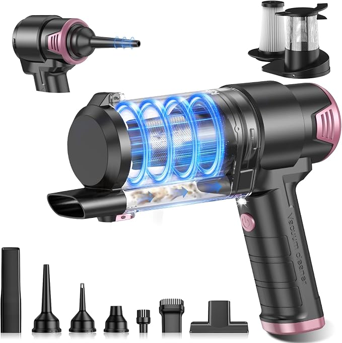 KMM Handheld Car Vacuum Cleaner, 16000PA Air Duster & Vacuum Cleaner, 120W High Power Hand Held Vacuum Cordless, Portable Vacuum Rechargeable with Multi-Nozzles & LED Light for Car, Home, Pet, Office