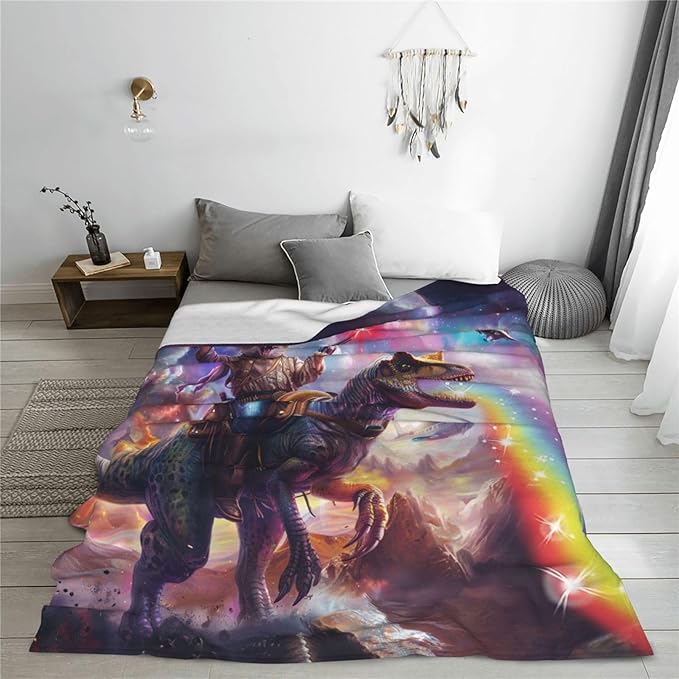 Funny Cat Dinosaur Blanket Galaxy Space Rainbow Decor Throw Blanket Cozy Plush Flannel Fleece Warm Soft Lightweight Fuzzy Blanket Funny Gifts for Boys Girls Teens Women for Bed Sofa Couch 60"X80"