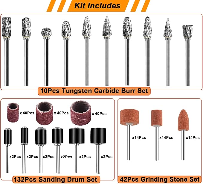 Tungsten Carbide Burr Set 1/8" Shank，Die Grinder Bits with Sanding Drums and Grinding Stone Set, 184Pcs Pratical Sanding Bits Kit for Metal Carving, Wood Working, Polishing, Engraving