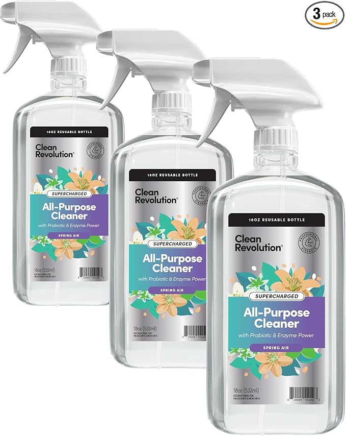 Clean Revolution SuperCharged Multi Surface Cleaner Refill Supply, Non-Toxic, Eco-Friendly & Plant-Based, Ready to Use, Spring Air, 18 oz (Pack of 3)
