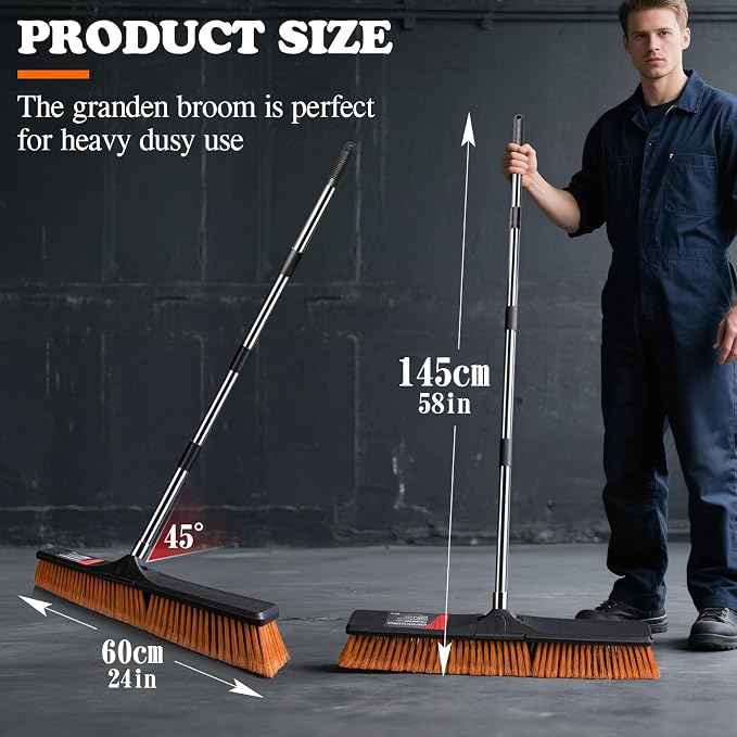 MASTERTOP 24" Heavy Duty Push Broom with Ultra-Sturdy Adjustable Handle, 6-Layer Stiff Bristles Garden Yard Broom, Outdoor Sweeping Brush for Garage, Patio, Driveway, Warehouse, Deck, Tile & Concrete