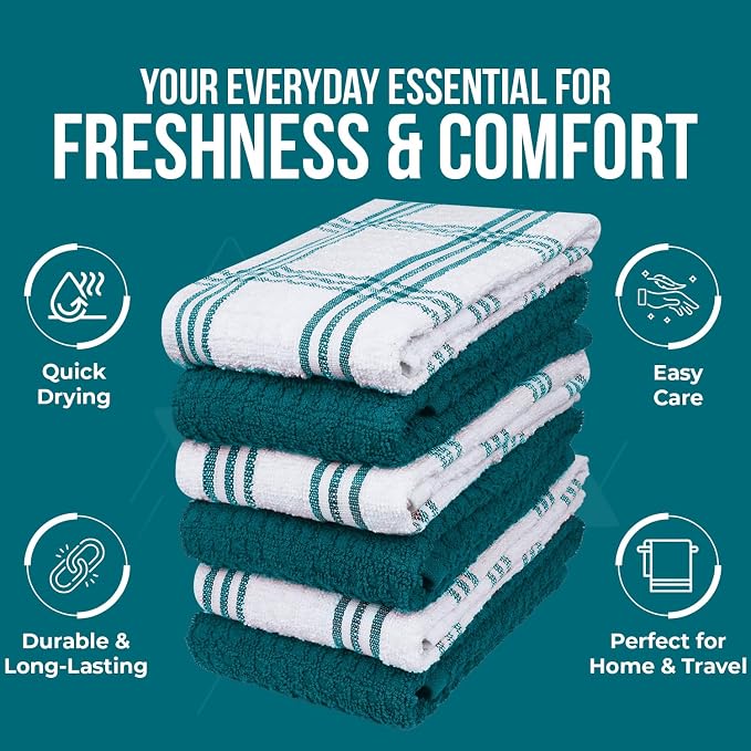 DAN RIVER Premium Teal Kitchen Towels - [Pack of 6] 100% Cotton (16x 26 Inches) -Super Soft, Highly Absorbent Hand Towels, Quick Dry, Dish Towels, Tea and Bar Towels Set