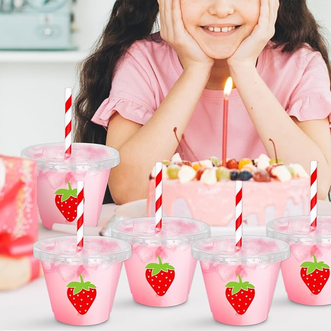 Whaline 100Pcs Strawberry Disposable Plastic Cups with Lids and Straws 9oz Party Cups Red Strawberry Cold Beverage Drinking Cups for Iced Coffee Smoothie Juice Tea
