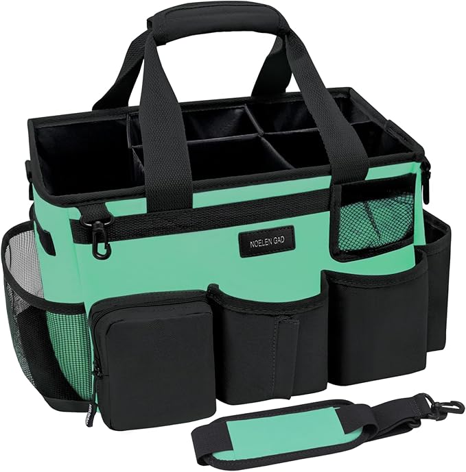 Wearable Cleaning Caddy Bag,Cleaning Supply Tote for Cleaning Supplies, Cleaning Organizer with Adjustable Shoulder and Waist Straps for Cleaners Housekeepers (Lake Green and Black, Large)