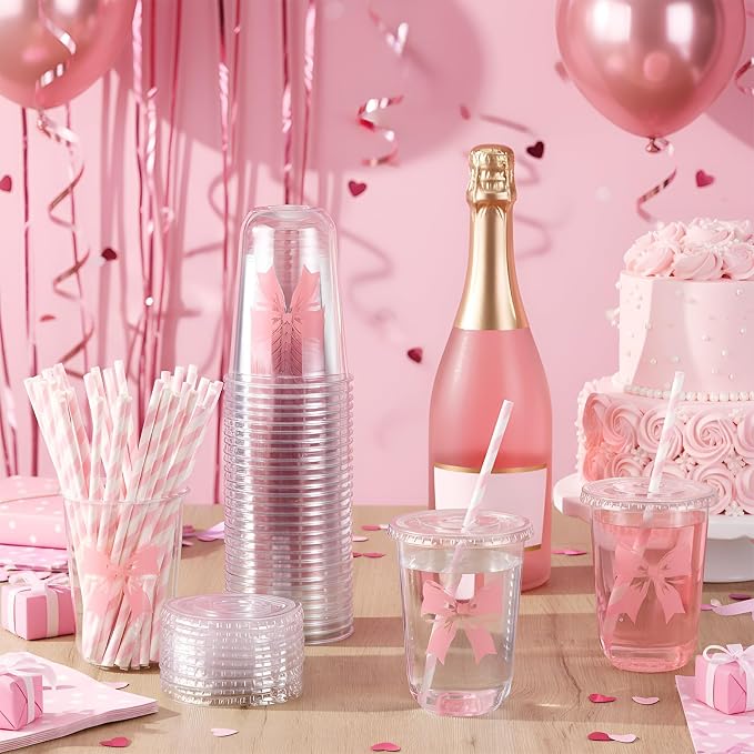 LemonRoad 50sets 16oz Pink Bow Cups Pink Birthday Party Decorations Supplies Cute Plastic Cups Disposable with Lids and Straws for Valentines Galentines Day Christmas Wedding Baby Shower Decorations