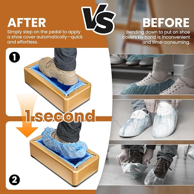 Automatic Shoe Cover Dispenser with 100 Non-Woven Shoe Covers, Hands-Free Design for Home, Office & Laboratory, Durable Silver Machine Keeps Floors Clean, Shoe Cover Machine (Golden)