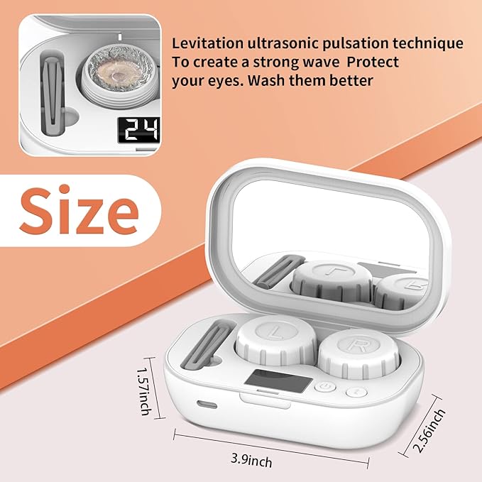 Portable Ultrasonic Contact Lens Cleaner with USB Charger - Fit Disposable Soft, Colored & RGP Lenses - Travel & Home (White)