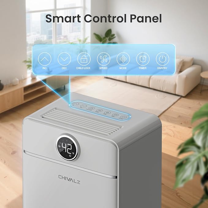 CHIVALZ 1500 Sq.ft Dehumidifier for Basement with Drain Hose, 2026 Upgraded 25 Pints Dehumidifiers for Home, Bedroom, Bathroom, RV, Intelligent Humidity Control, 3 Modes, 24H Timer, Grey 1Pack