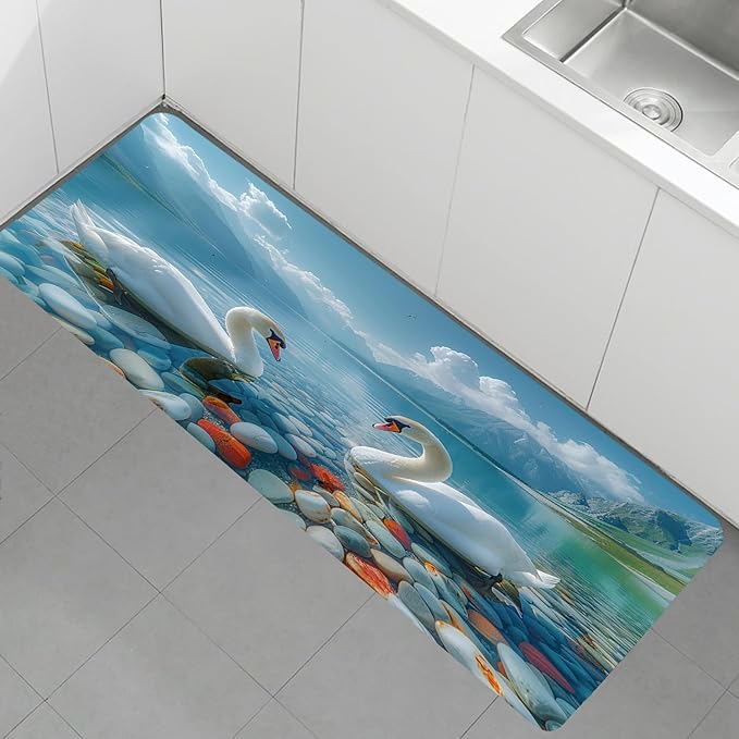 WODEJIA Non Slip Bath Rugs Sponge Foam for Bathroom,Flannel Mat Rug for Living Room, Absorbent MatS for Forlaundry Room and Kitchen,Swans On The Water Welcome Mat 47x18 Inches