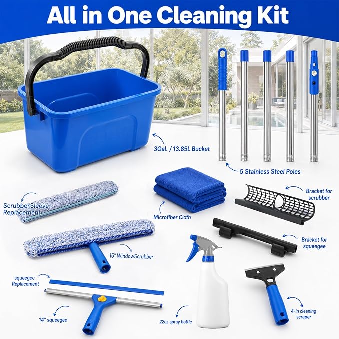 Window Cleaning Kit with Extension Pole,Professional Window Washing Kit with Bucket, 79" Window Squeegee with Microfiber Scrubber Scraper,Window Cleaner Tool for Commercial, Home,Outdoor