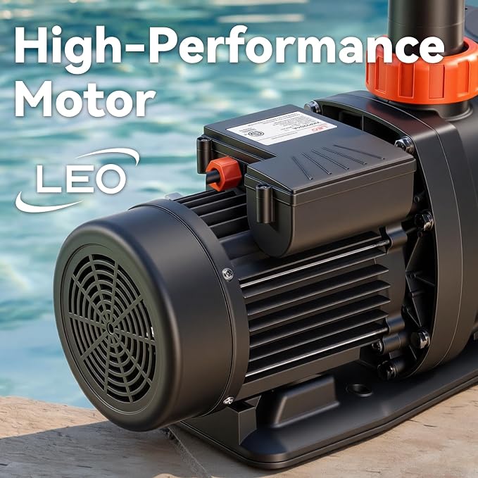 LEO 2HP In/Above Ground Pool Pump High Flow Powerful Self Priming Pool Pump, Single Speed 115V 6950GPH, Deep Black