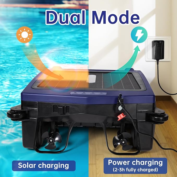 2026 New Model Solar Pool Skimmer Robot, APP Control, Pool Surface Cleaner Robot with Dual Charging Modes, Automatic Pool Cleaner with Salt Resistant Durable Motor, Smart Obstacle Avoidance(Dark Blue)