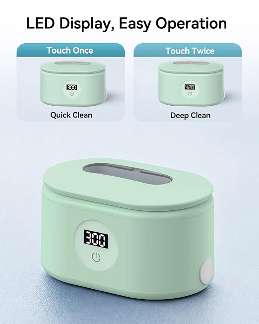 BYASKZIV Ultrasonic Cleaner, 48KHz Ultrasonic Jewelry Cleaner with 20oz 304 Stainless Steel Tank, Dual Modes & LED Display - for Jewelry, Eyeglasses, Watches, Dentures, Retainers & More-Green