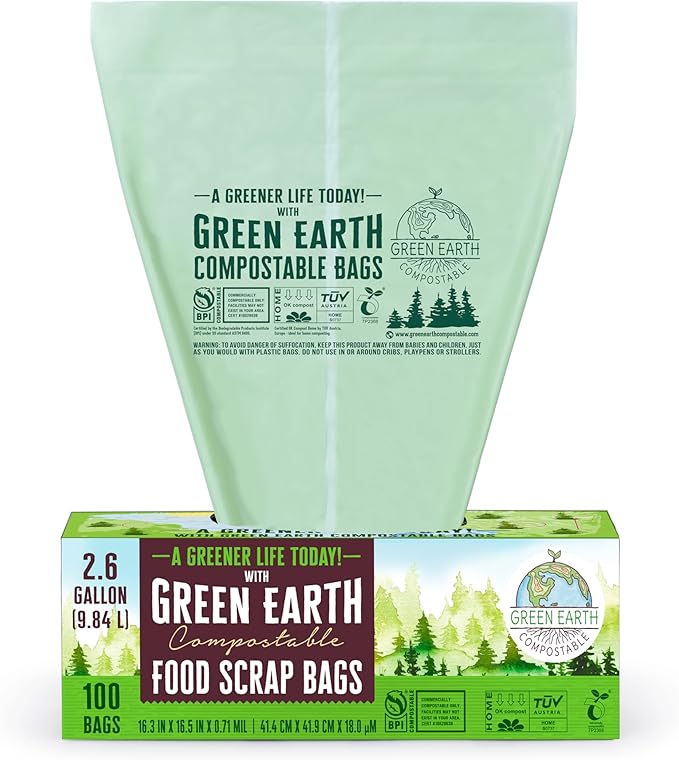Green Earth Compostable Small Kitchen Food Scrap Trash Bags, Extra Thick 0.71 Mil, Compost Bin Compatible, 2.6 Gallon, 10 Liter, 100-Count, ASTM D6400, BPI (US) & OK Compost Home (EU) Certified
