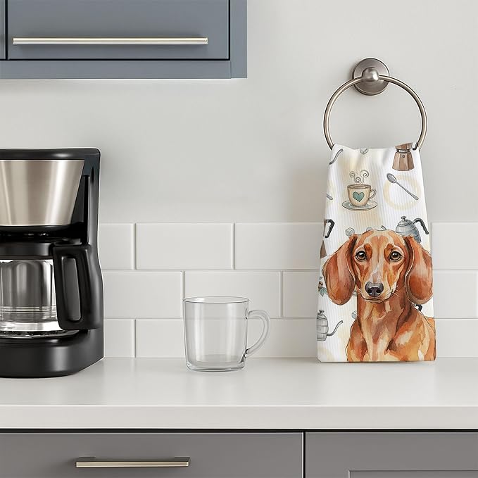 Caroline's Treasures Red Brown Dachshund Coffee Bar Kitchen Towel Velour Plush Front and Cotton Loop Back Machine Washable