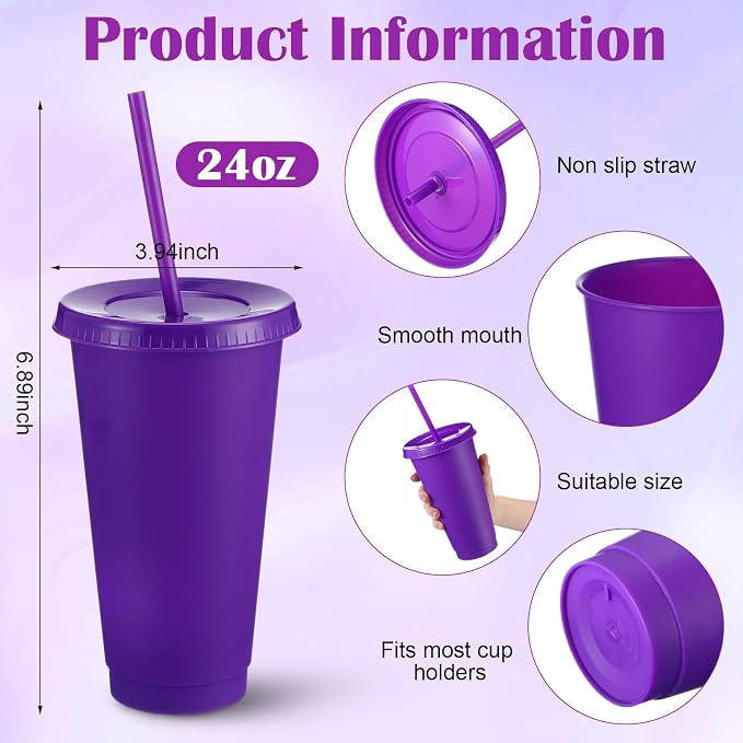 Honeydak 60 Pack Tumbler with Straw and Lid Bulk Cups for Gifts Water Bottle Iced Coffee Travel Mug Cup Reusable Plastic Tumblers for Party Birthdays 24-27 oz (Purple Color)