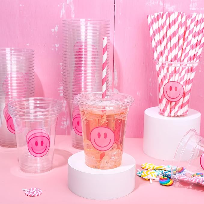 Whaline 50 Pcs Preppy Smile Face Cups with Lids and Straws 12oz Pink Happy Face Disposable Plastic Party Cups Happy Smile Cold Beverage Drinking Cup for Birthday Party Baby Shower Wedding