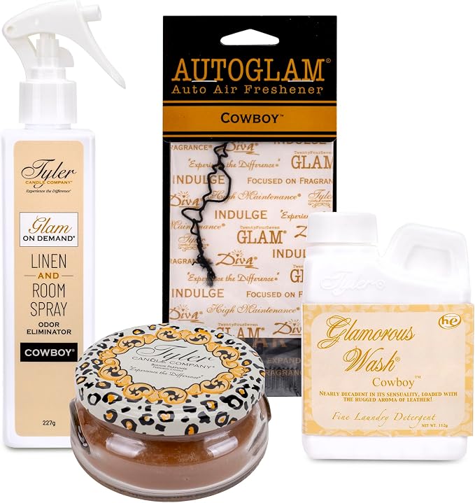 Tyler Candle Company Cowboy - 4 Ounce Laundry Detergent - 8 Ounce Room Spray - 3 Ounce Jar Candle - Autoglam Air Freshener Gift Suite; Set of 4