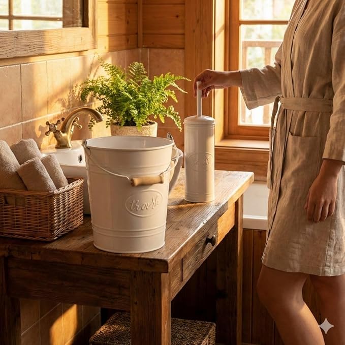 Autumn Alley Rustic Farmhouse White Bathroom Trash Can and Toilet Brush Set – Bathroom Accessories for Modern Farmhouse Charm, White Trash Can with Toilet Brush and Holder, 2 Gal. Capacity