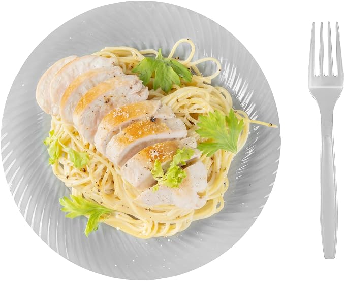 Restaurantware Moderna 7.3 Inch Disposable Forks 250 Recyclable Plastic Cutlery - Crack-Resistant For All Types Of Meals Silver Plastic Party Forks