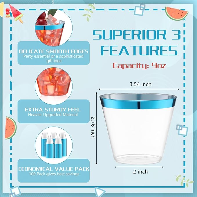 Lounsweer 100 Pcs 9oz Rimmed Plastic Cups Wedding Clear Cocktail Cups Heavy Duty Disposable Wine Glasses for Birthday Bridal Shower Baby Shower Holiday Celebrations(Light Blue)
