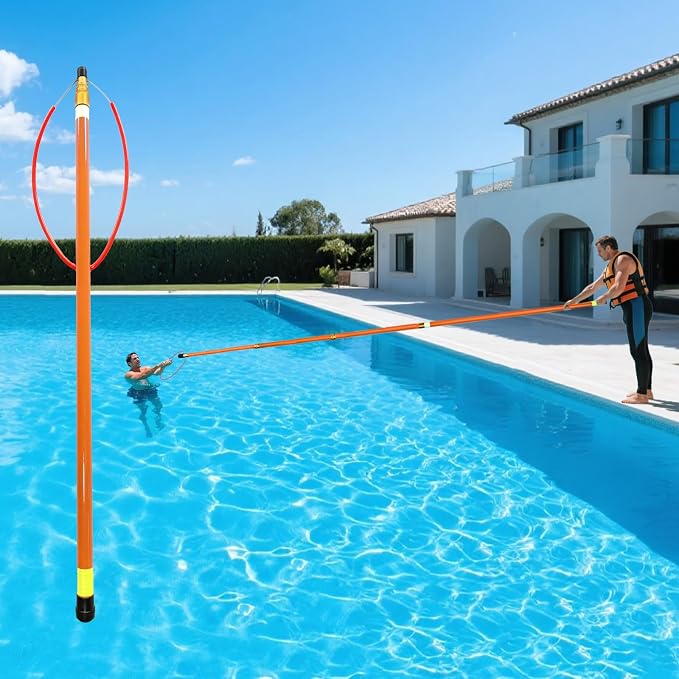 14.8ft Telescopic Pool Rescue Hook | OSHA Water Rescue Pole & Emergency Hook with Night Glow | Fiberglass Pool Safety Pole for Home/Water Parks