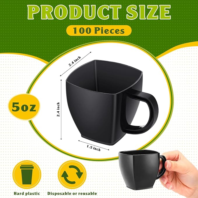 Amyhill 100 Pcs 5 oz Disposable Tea Cups Bulk with Handle Mini Hard Plastic Coffee Mug Square Disposable Espresso Cups for Tea Party Wedding Catering Dessert Sampling (Black)