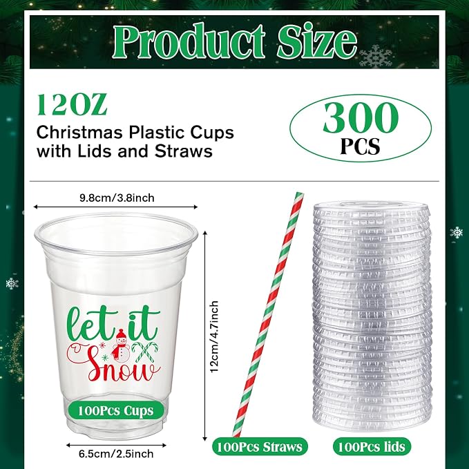 Yaomiao 300 Pcs 12 oz Christmas in July Plastic Cups with Lids and Straw Christmas Plastic Cups Merry Christmas Disposable Clear Cups Xmas Cups Holiday Cups for Beer Coffee Snacks Party