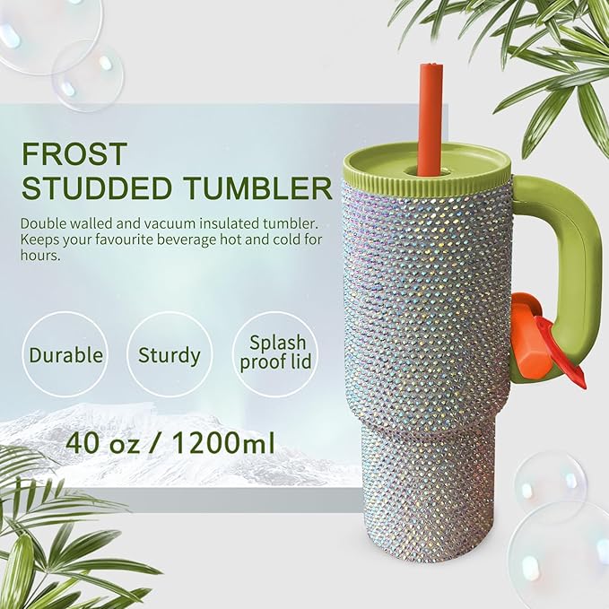 HWISDMIG 40oz Tumbler with Handle-Glitter Rhinestones Tumbler Bling Cups Stainless Steel Water Bottle Diamond Studded Tumbler for Women-Birthday Gifts for Women, Mom, Girlfriend (Forest)